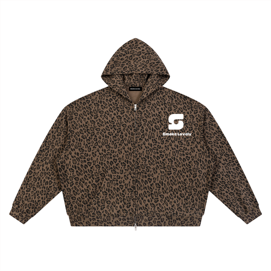 Smoke Lovely Leopard Print Waffle Full Zip Hoodie