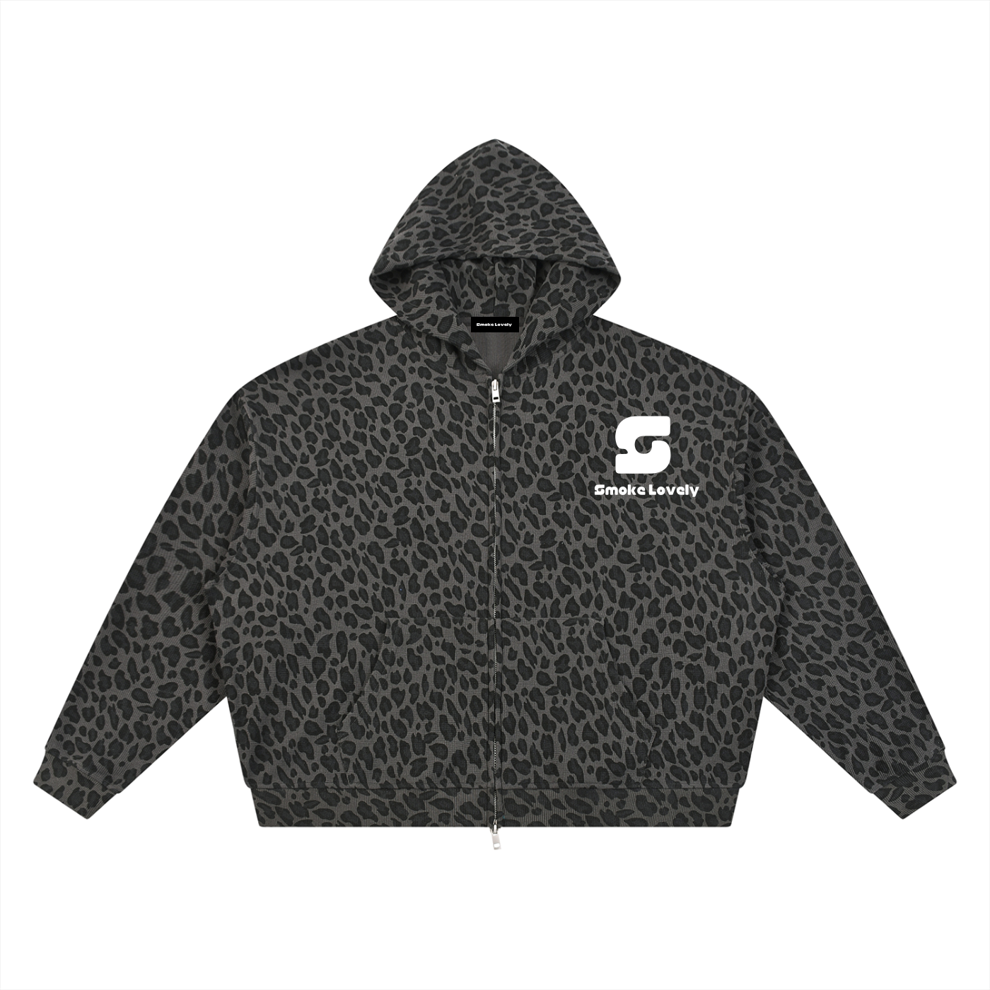 Smoke Lovely Leopard Print Waffle Full Zip Hoodie